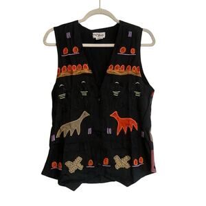 Vintage 90s Instyle New York Black Tribal Embroidered Fitted Rayon Vest Sz Small